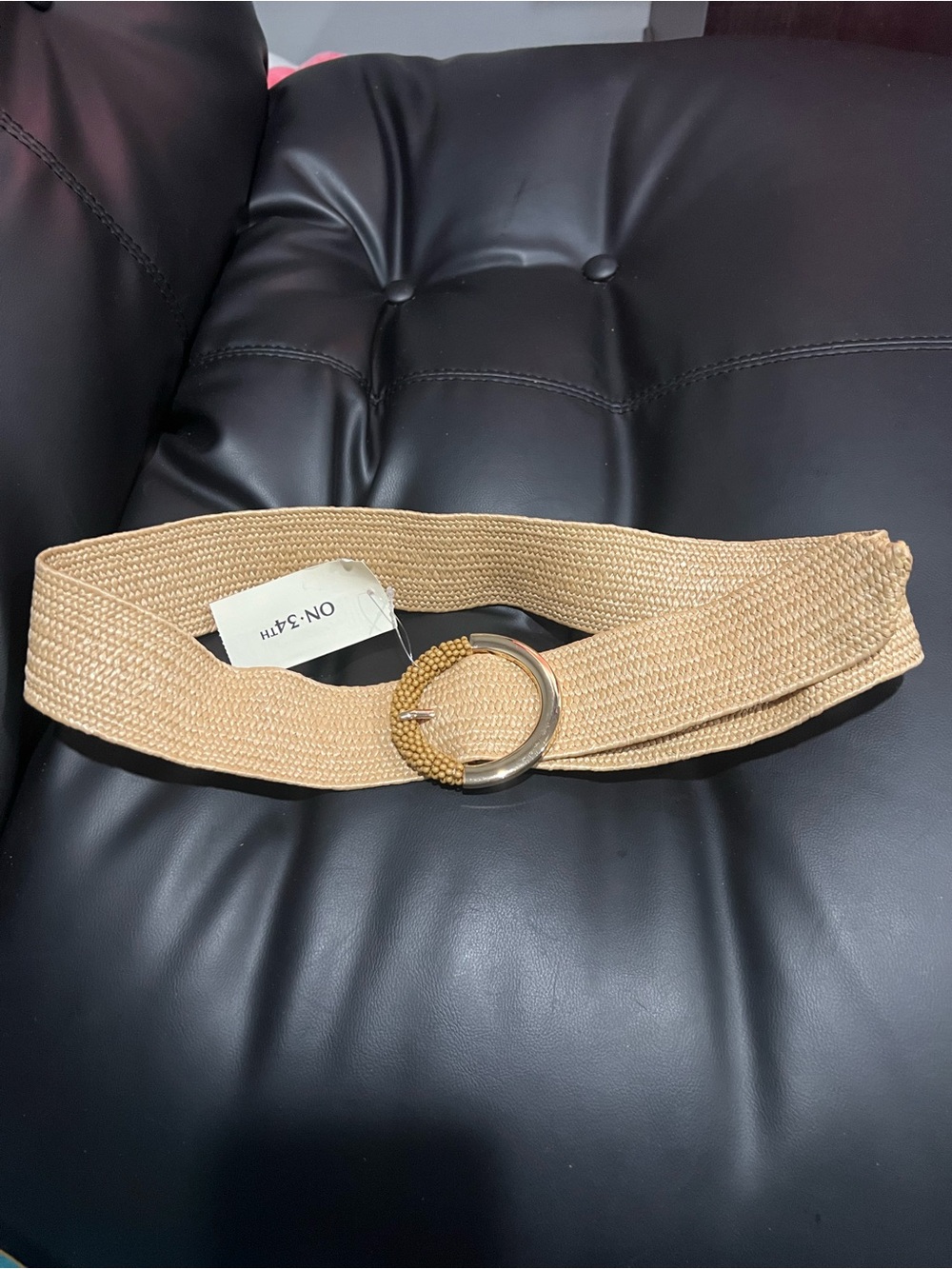 On 3:4th Tan Woven Belt with Round Buckle